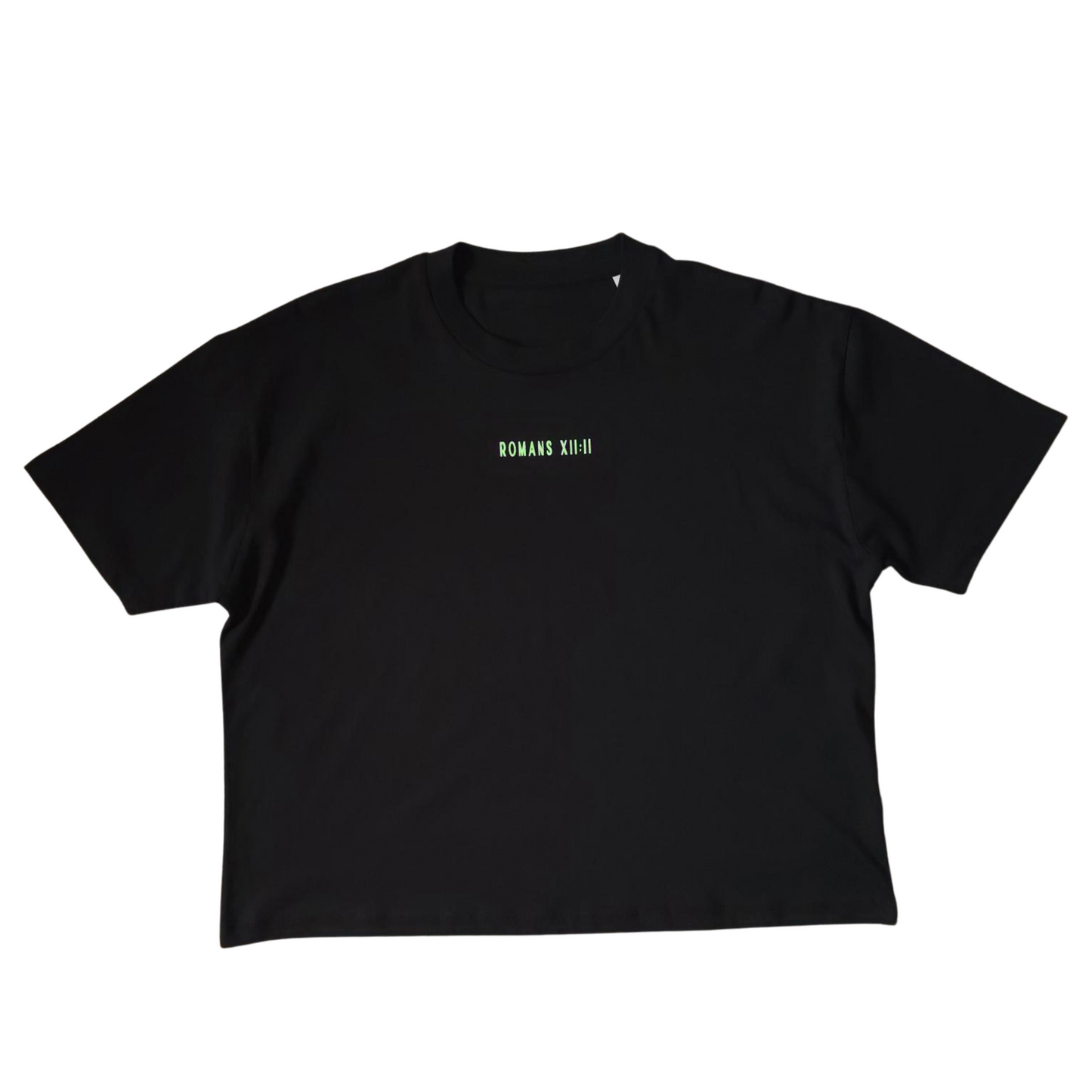 BE TRANSFORMED - BOXY/CROPPED T-SHIRT - ROMANS 12:2 - NEON GREEN