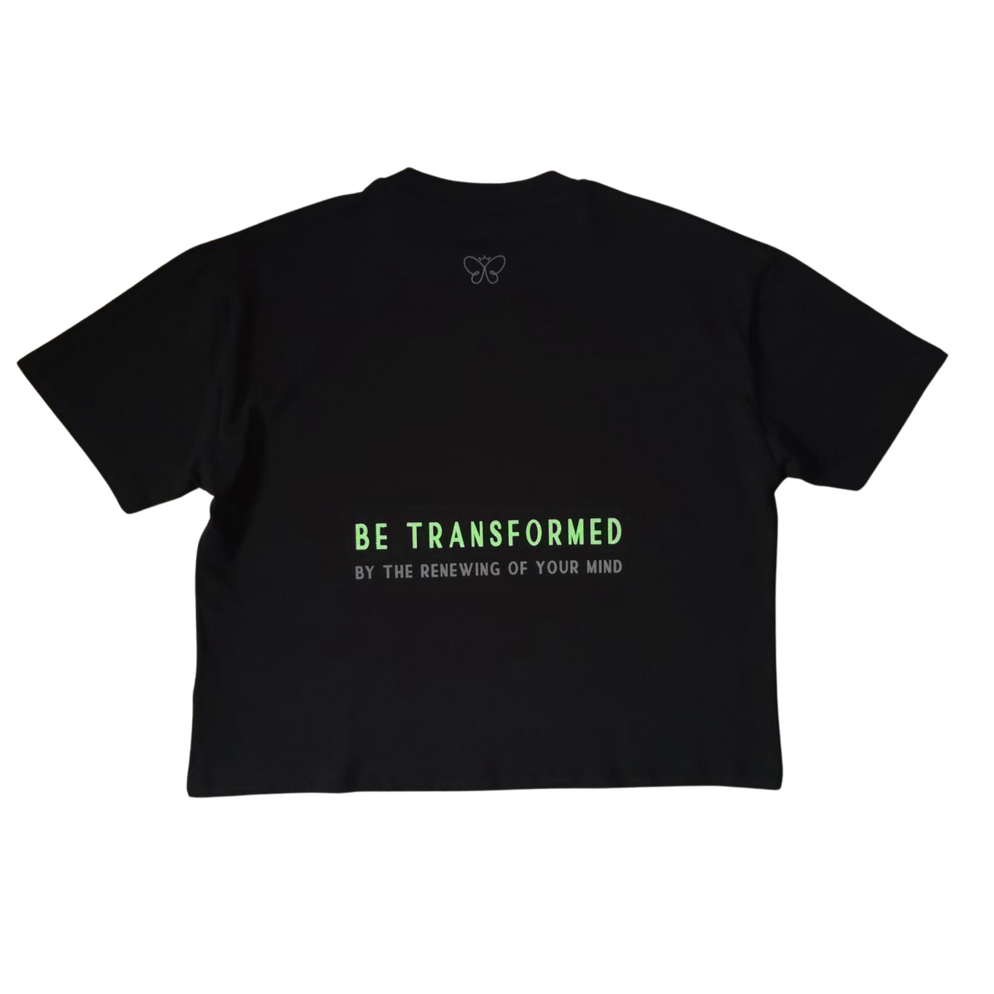 BE TRANSFORMED - BOXY/CROPPED T-SHIRT - ROMANS 12:2 - NEON GREEN
