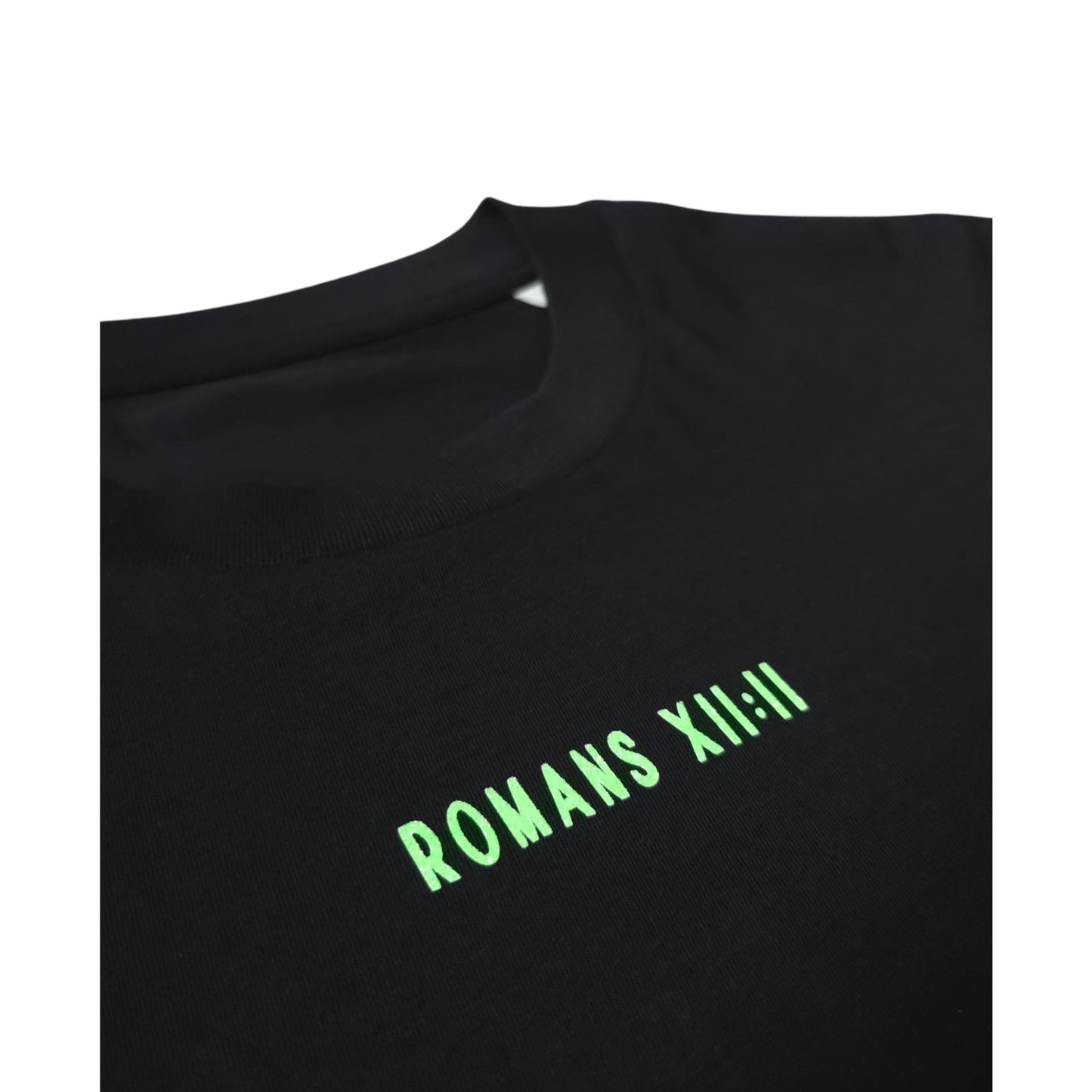 BE TRANSFORMED - BOXY/CROPPED T-SHIRT - ROMANS 12:2 - NEON GREEN