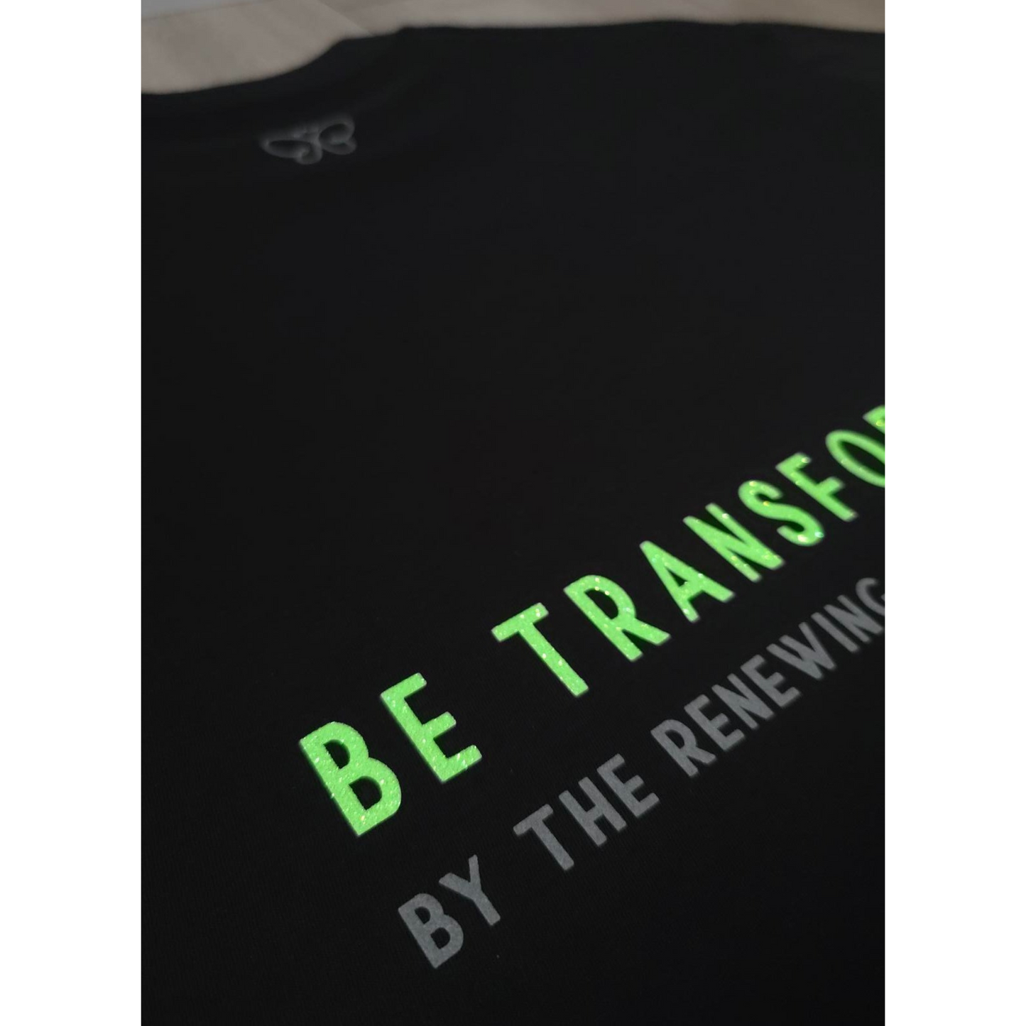 BE TRANSFORMED - BOXY/CROPPED T-SHIRT - ROMANS 12:2 - NEON GREEN