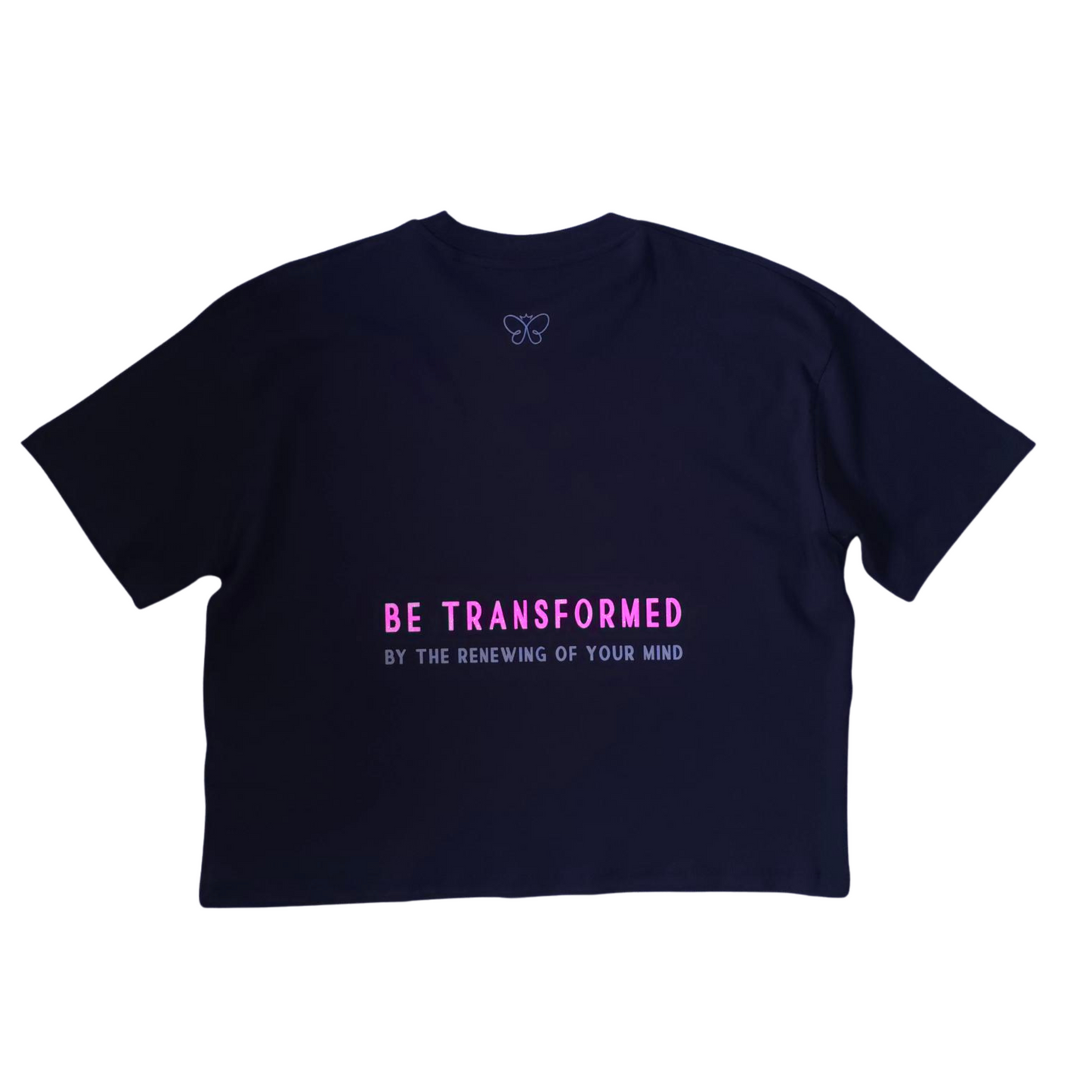 BE TRANSFORMED - BOXY/CROPPED T-SHIRT - ROMANS 12:2 - NEON PINK