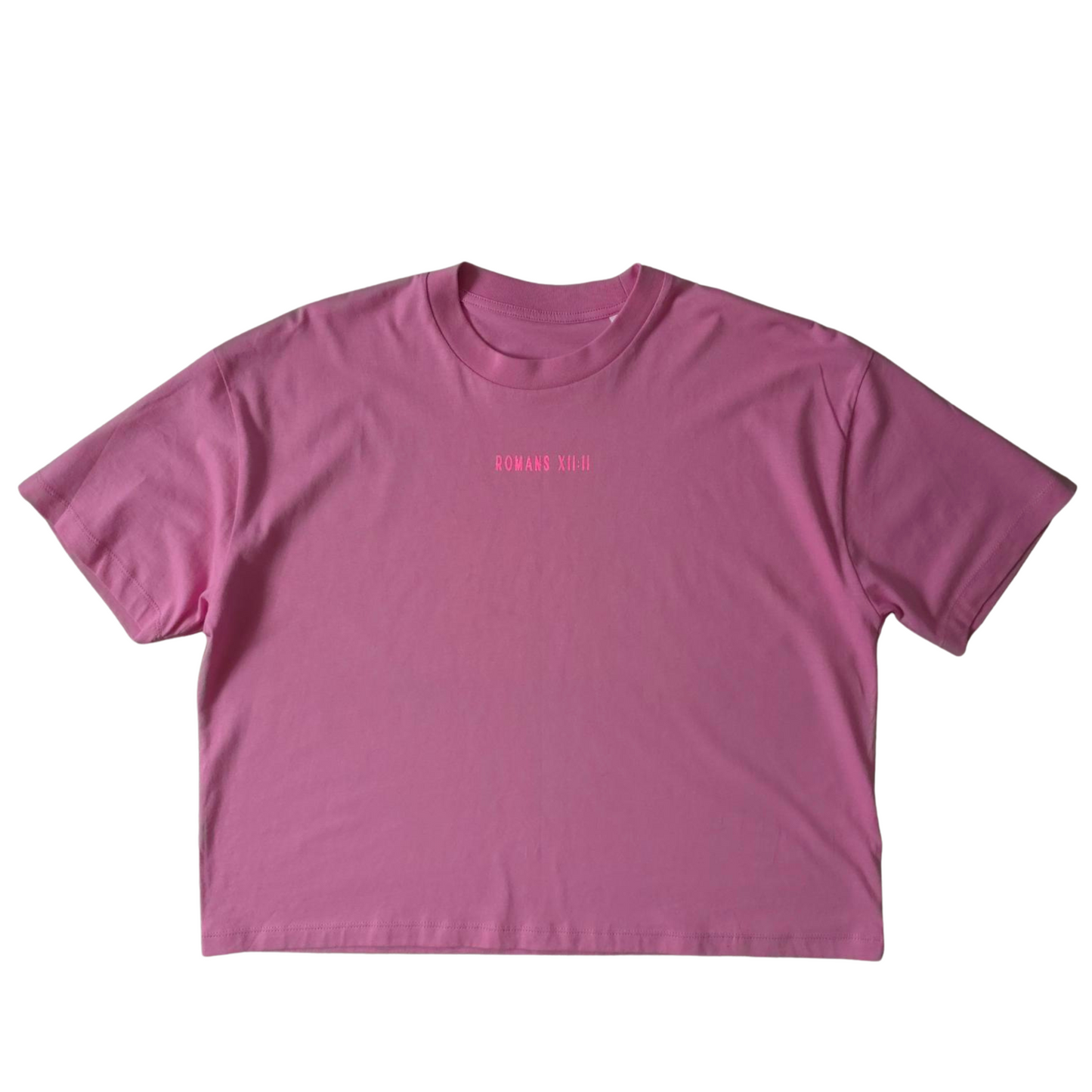 BE TRANSFORMED - BOXY/CROPPED T-SHIRT - ROMANS 12:2 - NEON PINK ON PINK
