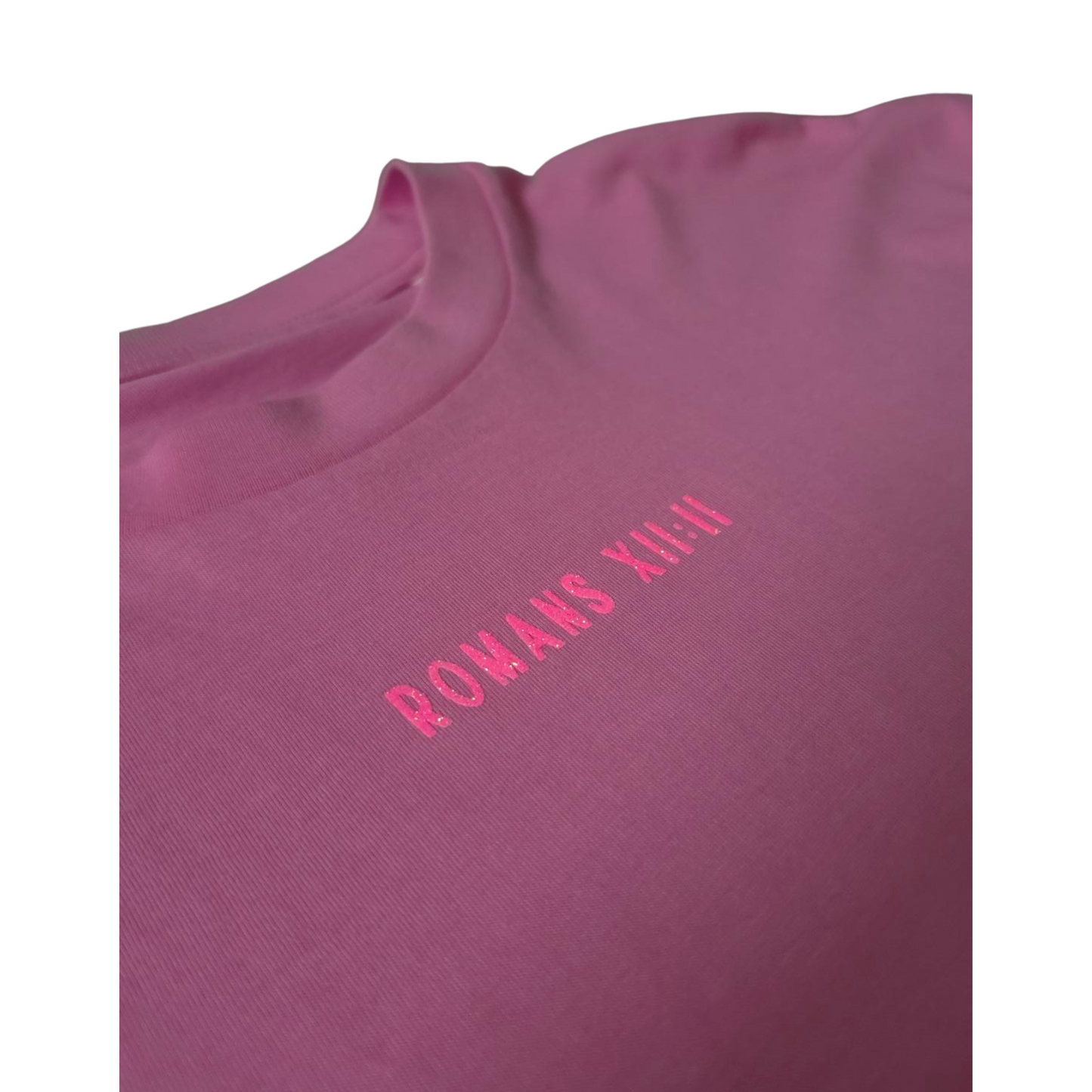 BE TRANSFORMED - BOXY/CROPPED T-SHIRT - ROMANS 12:2 - NEON PINK ON PINK