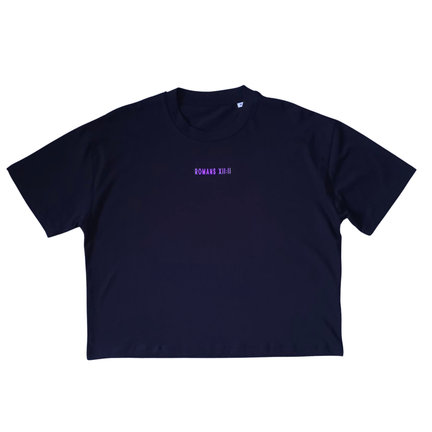 BE TRANSFORMED - BOXY/CROPPED T-SHIRT - ROMANS 12:2 - NEON PURPLE