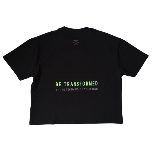 BE TRANSFORMED - BOXY/CROPPED T-SHIRT - ROMANS 12:2 - NEON GREEN
