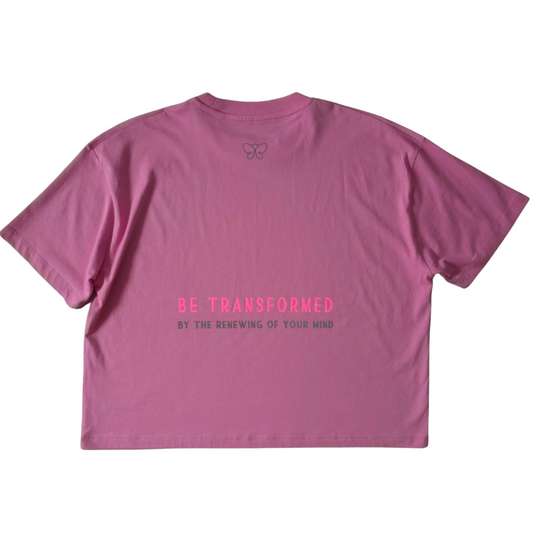 BE TRANSFORMED - BOXY/CROPPED T-SHIRT - ROMANS 12:2 - NEON PINK ON PINK