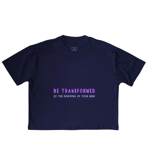 BE TRANSFORMED - BOXY/CROPPED T-SHIRT - ROMANS 12:2 - NEON PURPLE